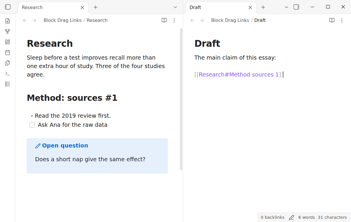 The heading Method: sources #1 dropped into the draft as the link Research#Method sources 1