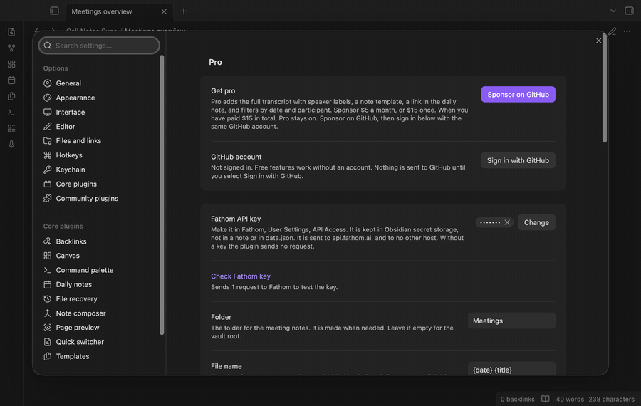 Settings with the Fathom API key, a sync that makes five notes from sample data, a meeting note with open tasks, a note with a finished task, and a deleted note that stays deleted
