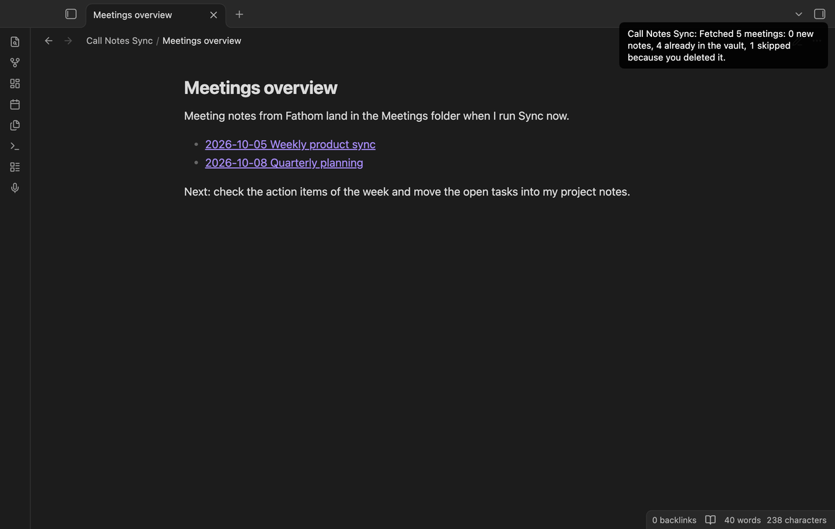A notice that says one meeting was skipped because you deleted it