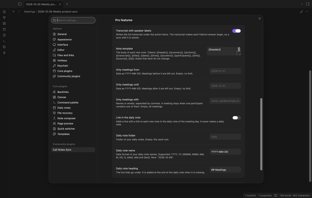 The Pro settings: transcript, note template, date filters, participant filter and daily note link