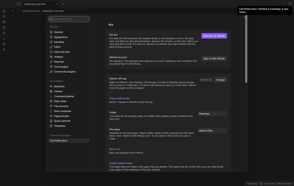The settings: the Fathom API key field, the check button, folder, file name, sync now, forget deleted notes and the status line