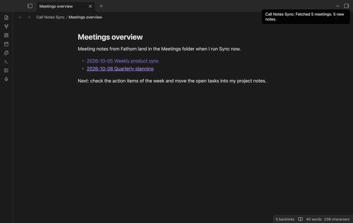 A notice that says Fetched 5 meetings: 5 new notes