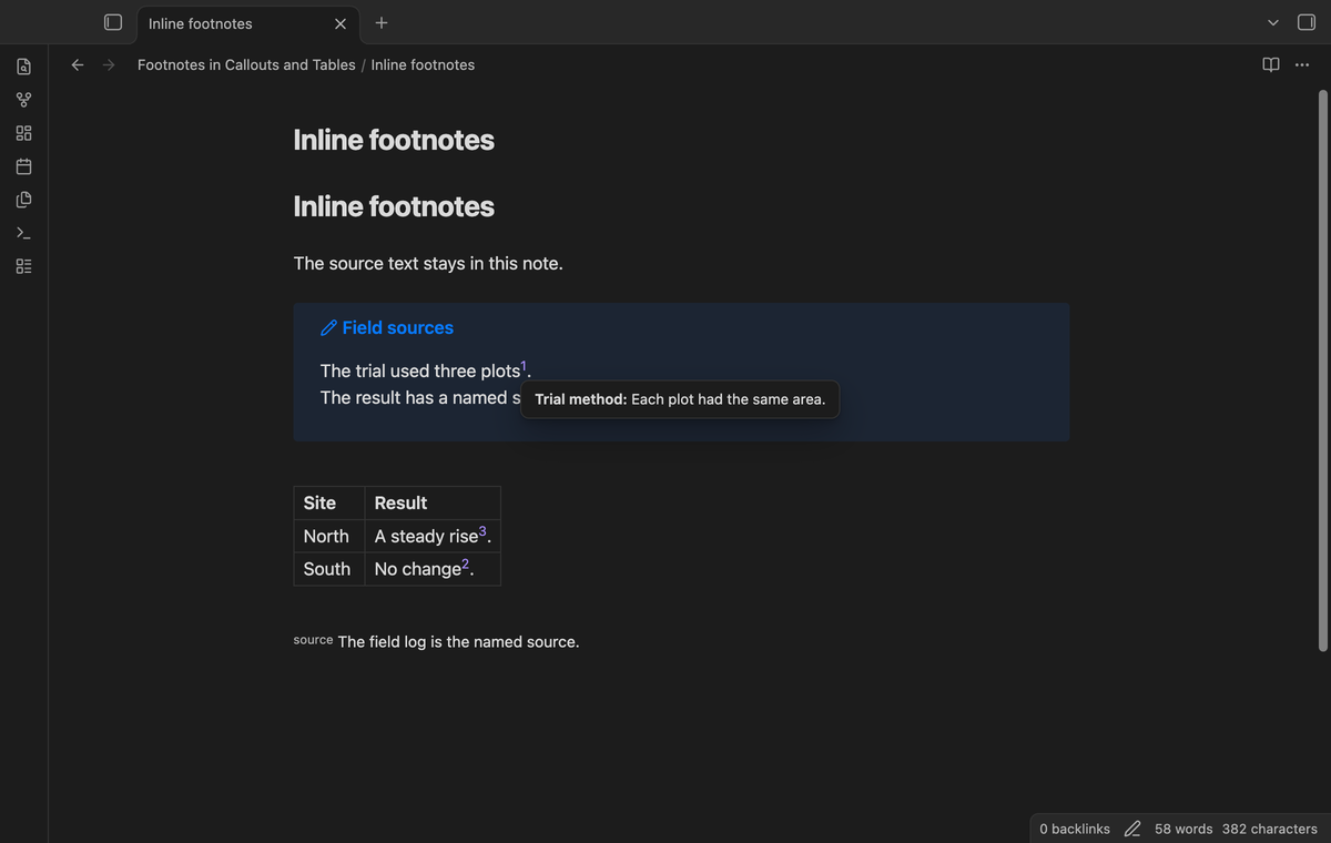 Inline and named footnotes in a callout and table use one number order, with the inline text shown in a popup