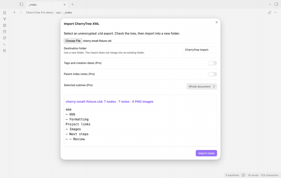 Preview a CherryTree document and open its imported notes.