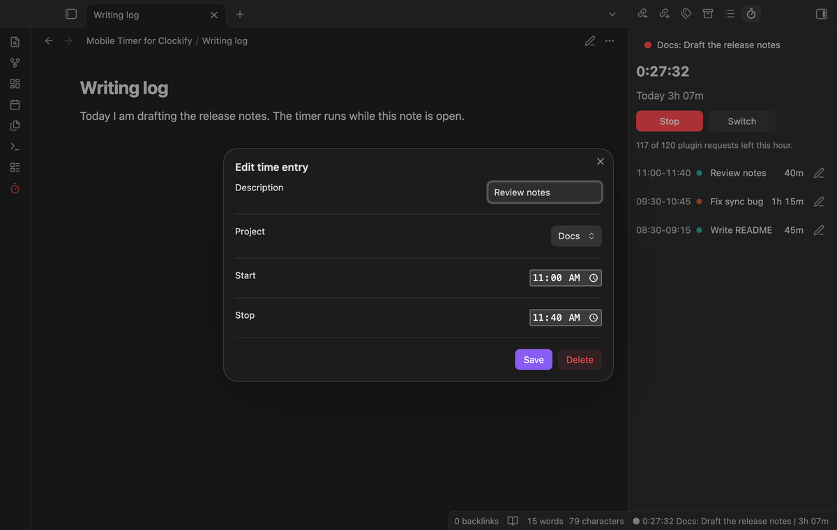 The Edit time entry window with description, project, start and stop