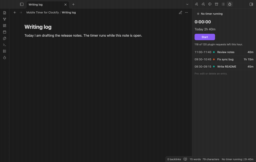 The timer panel with no timer, the Start timer window, a running timer, and the timer stopped