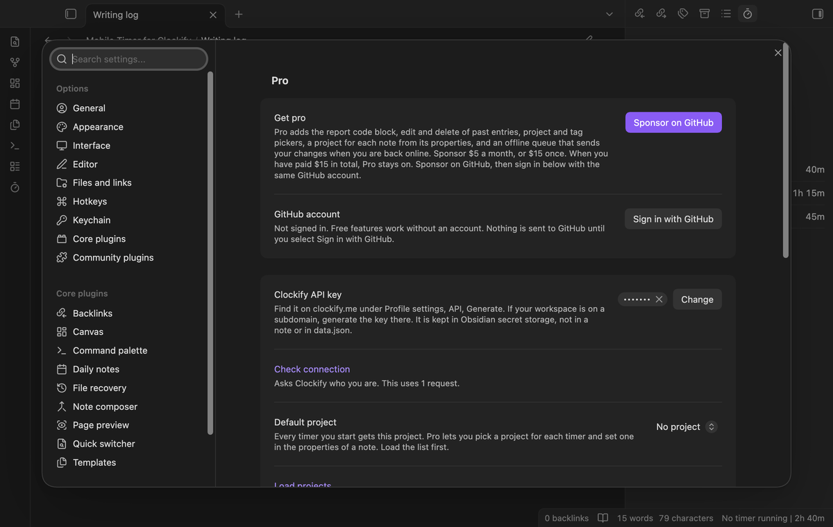 The Pro section of the settings before sign in, with the sponsor button and the GitHub sign in