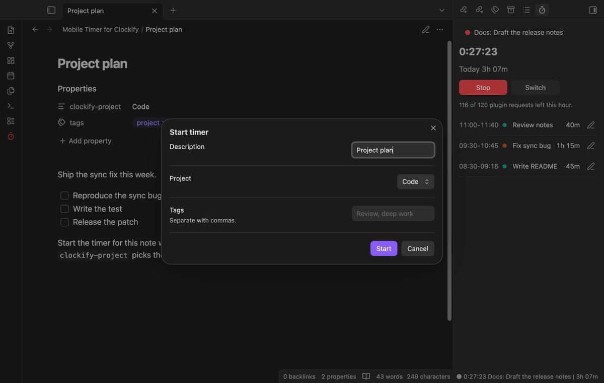 The Start timer window with a project list set to Code and a tags field
