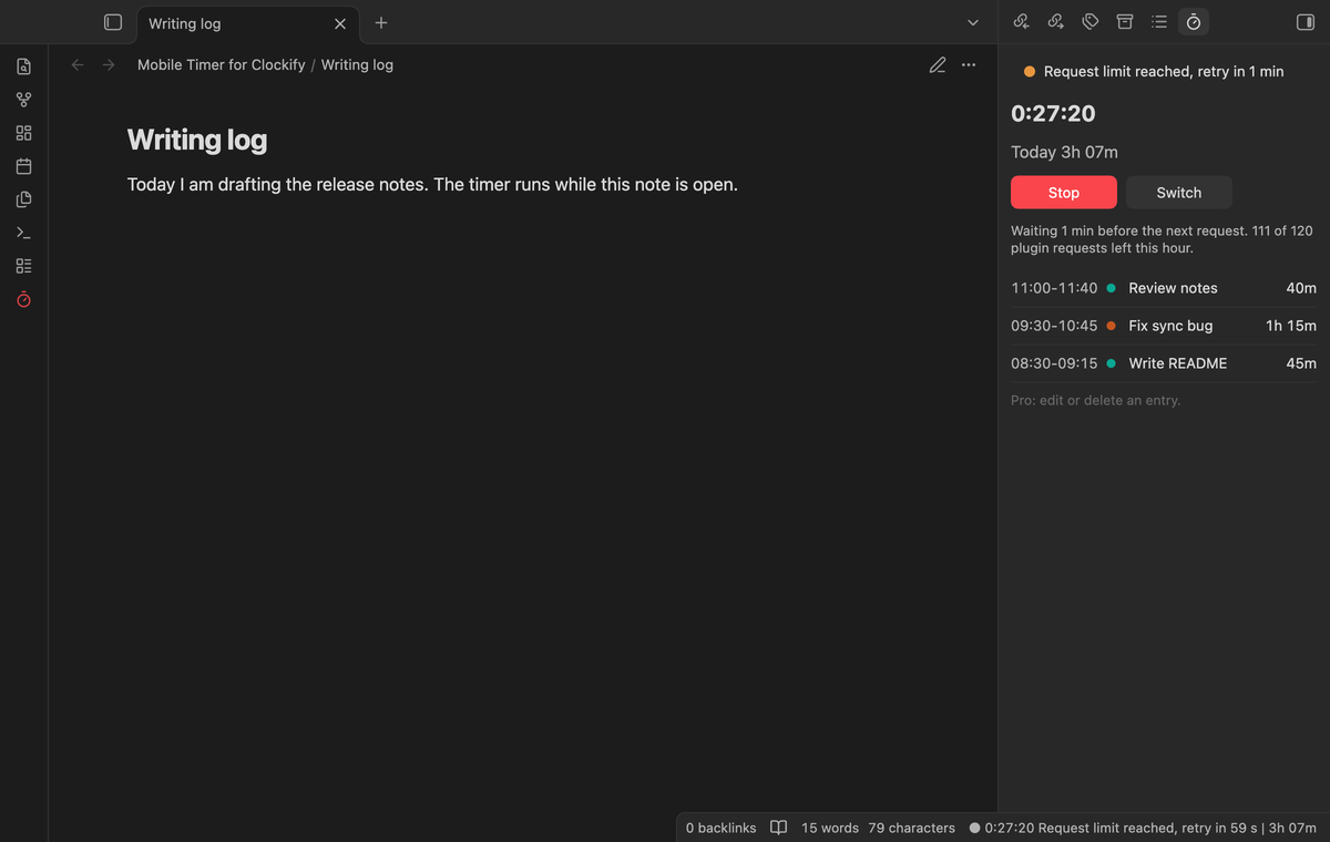 The timer panel after Clockify answered HTTP 429, with the wait time in the status pill