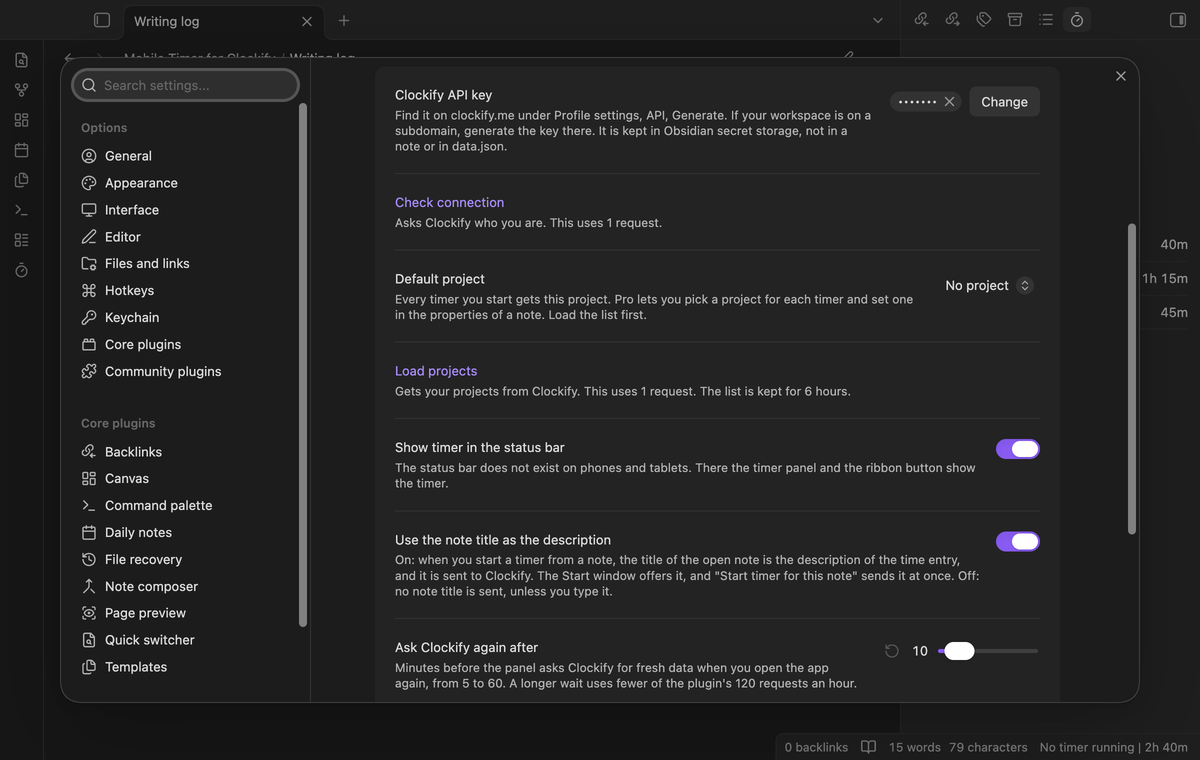 Settings with the API key in secret storage, the default project, the status bar switch and the note title switch