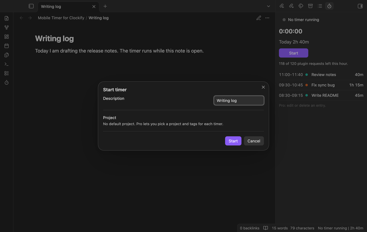 The Start timer window with the note name as the description and the default project below it