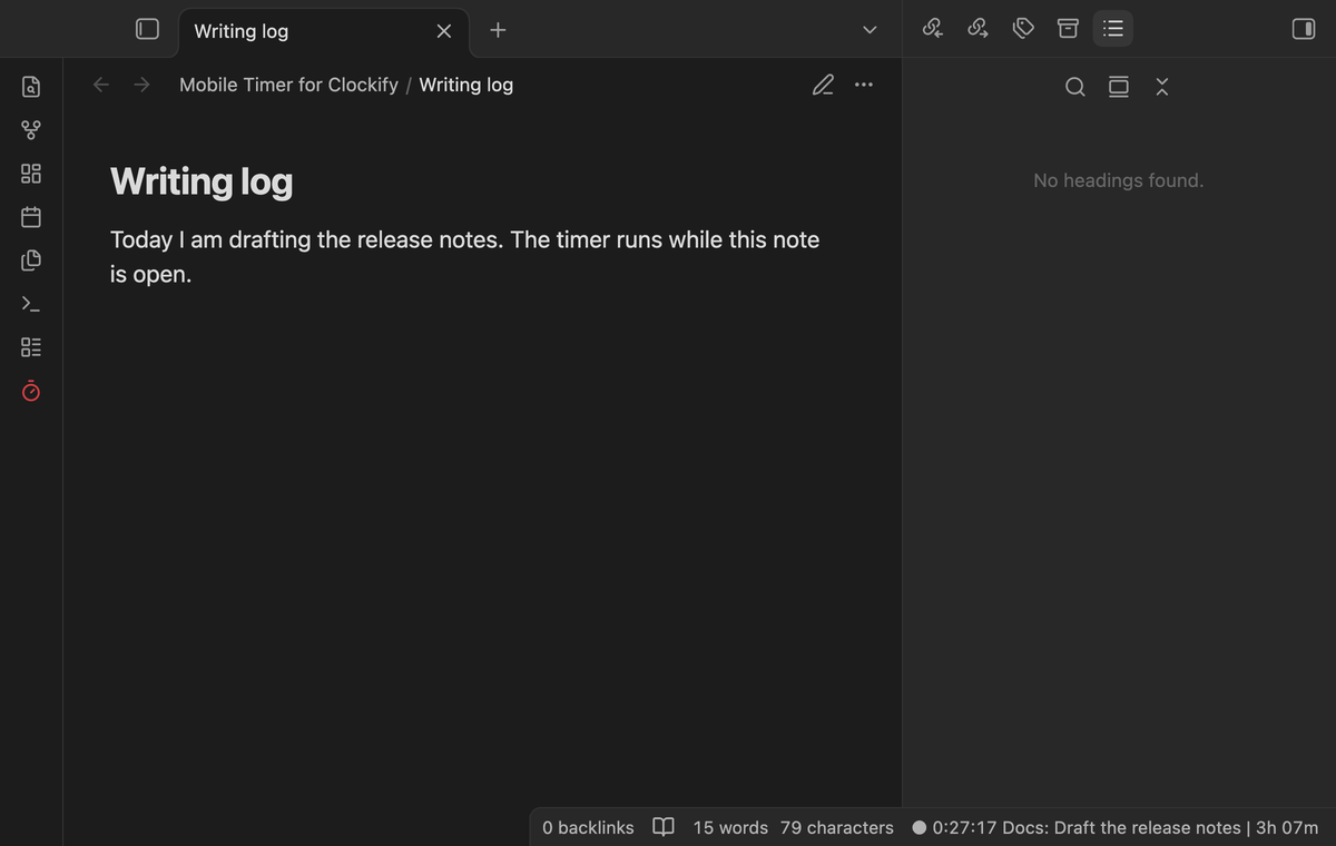 The status bar with a running timer, its description and today's total