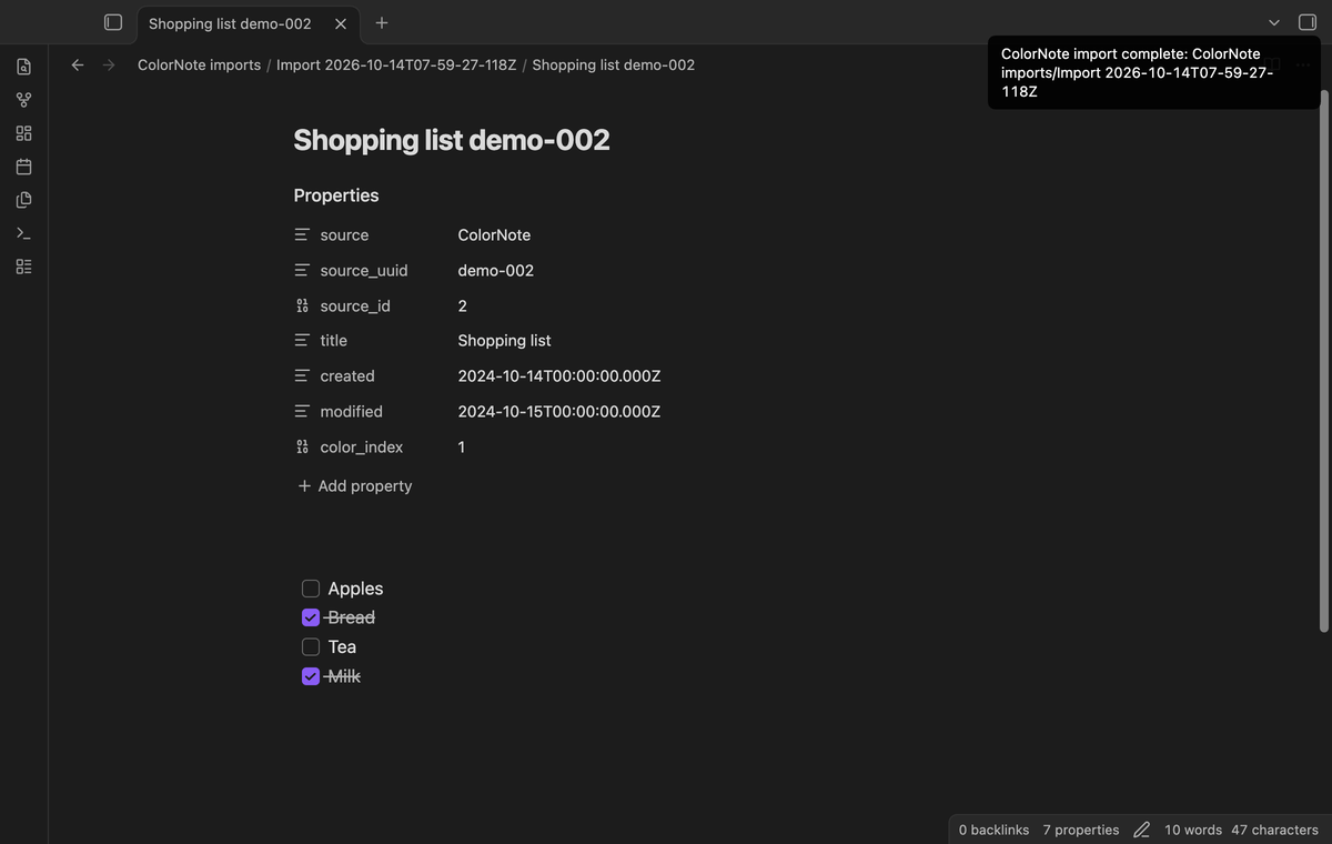 Imported checklist with source metadata