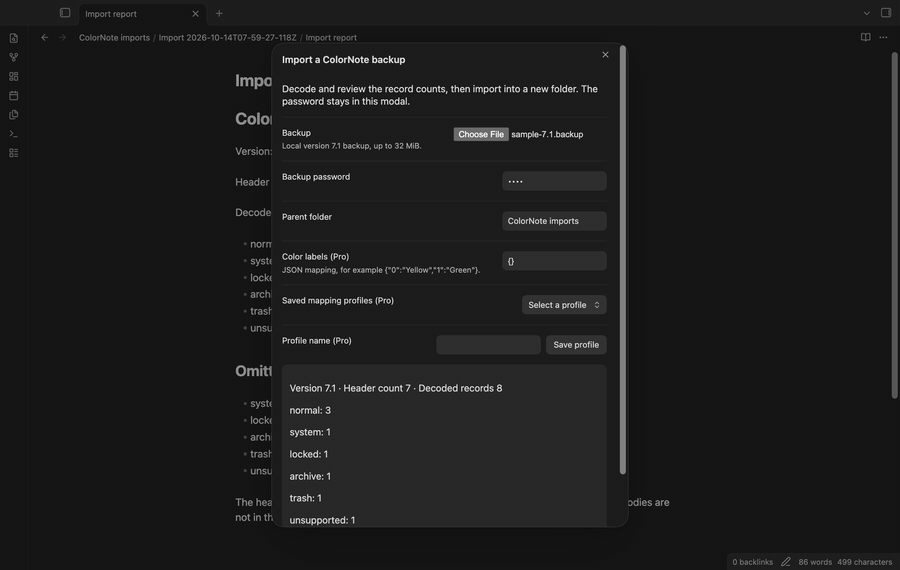 Review a backup and open imported sample notes