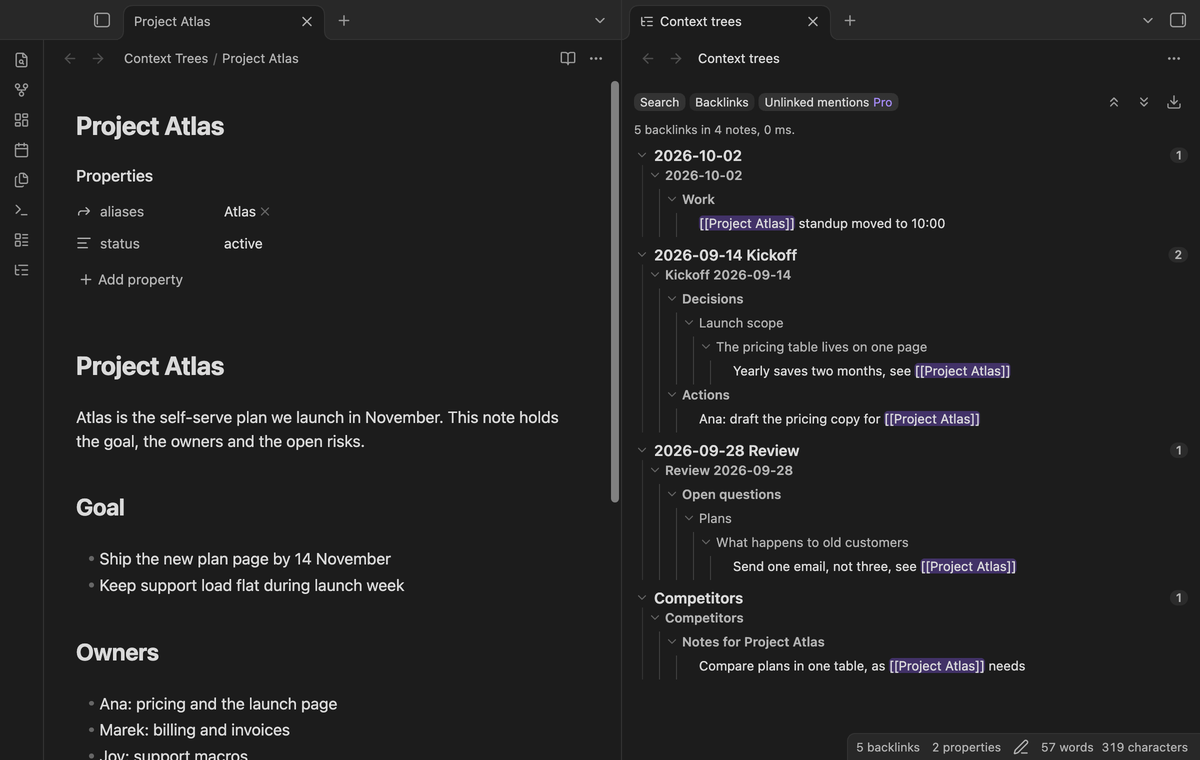 Backlinks of Project Atlas, each linking line with its headings and parent list items