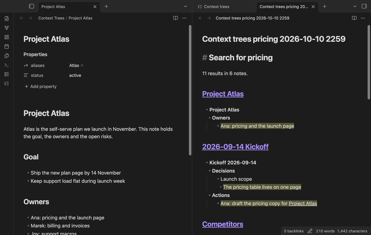 A new note with the exported results: a link for each note and its context tree as a nested list
