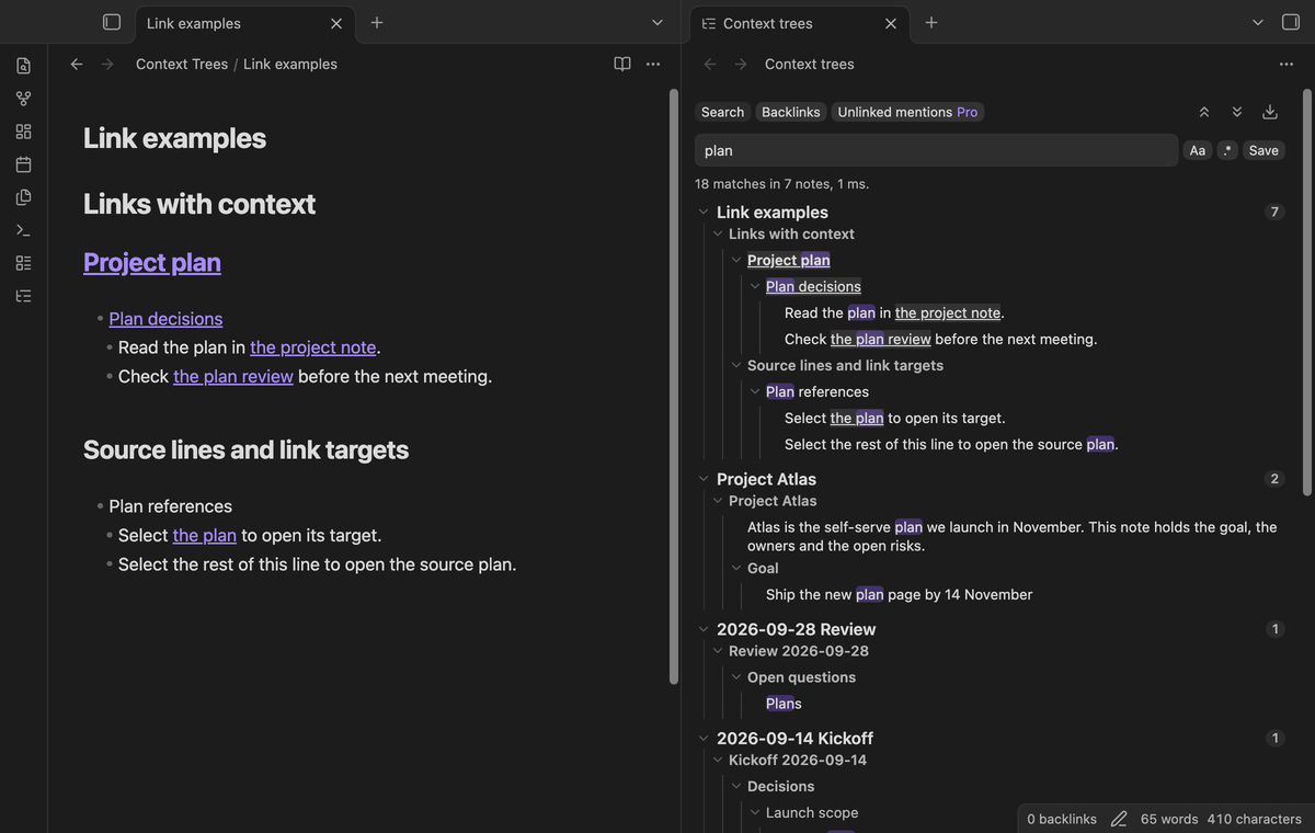 Search results with readable link aliases in headings, parent items and matching lines