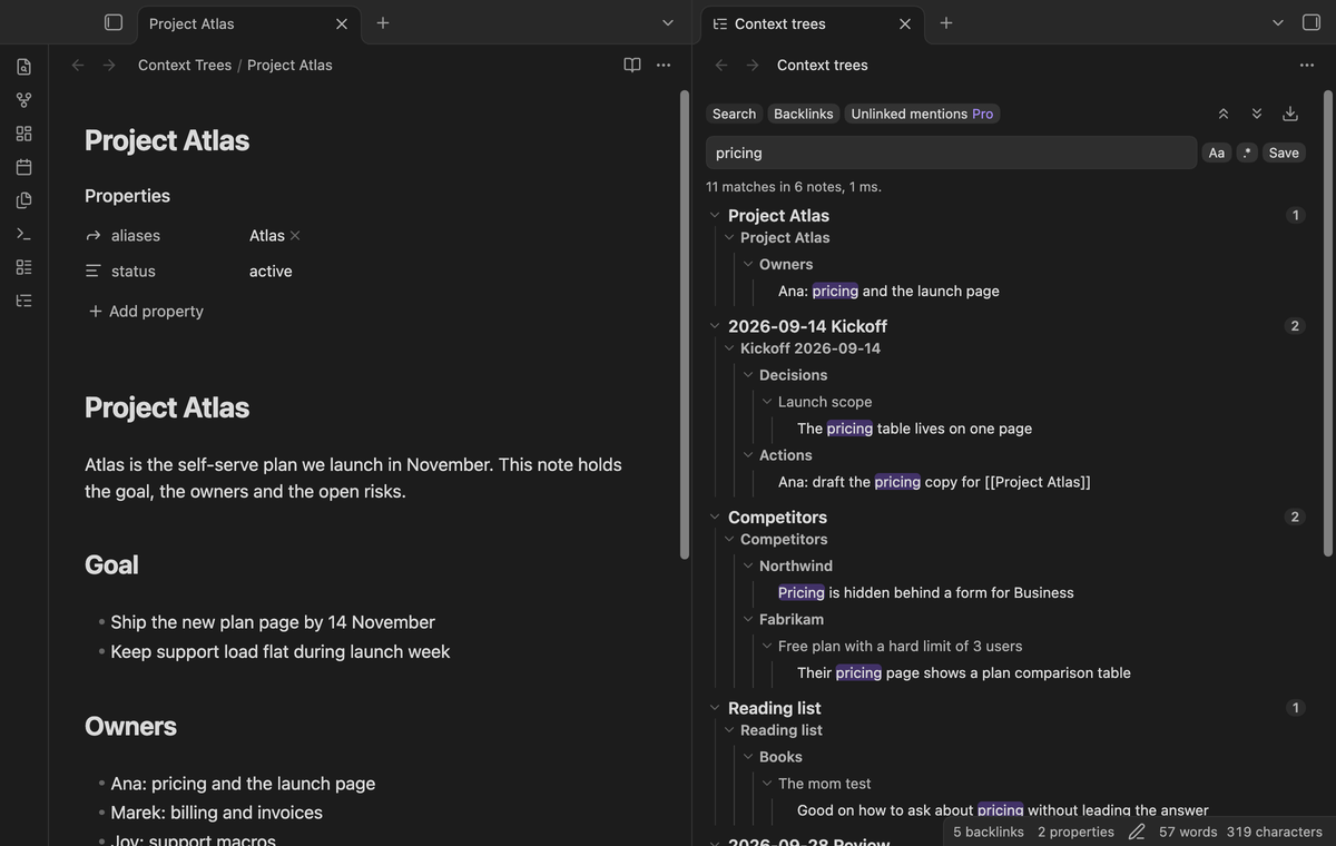 Search results for pricing, each note shown as a tree of headings and parent list items with the word marked