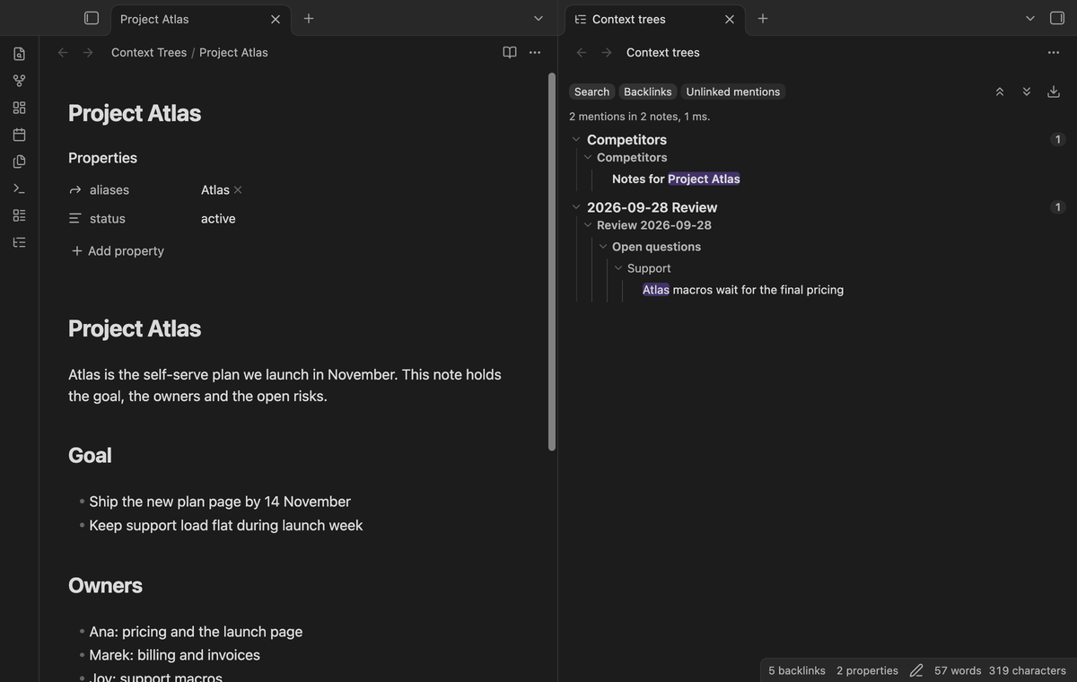 Two notes that mention Atlas as plain text, with their headings and parent items