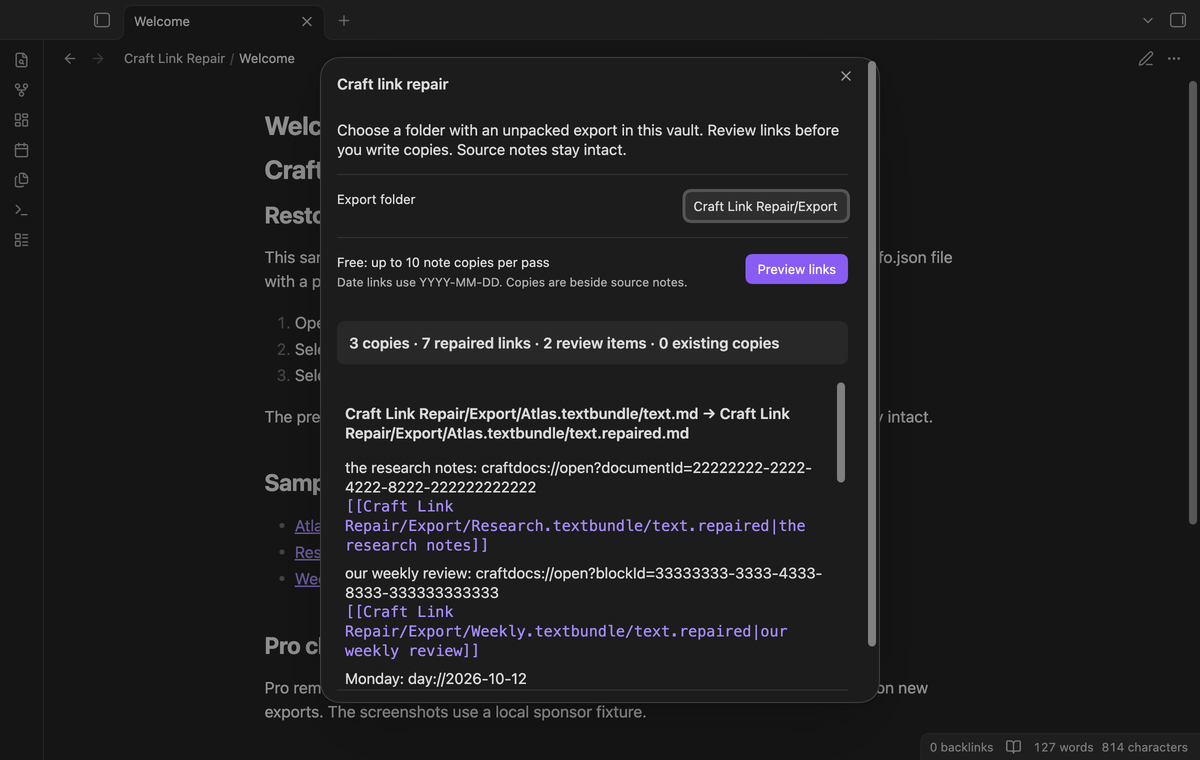 Three exported pages with proposed local wikilinks and original labels