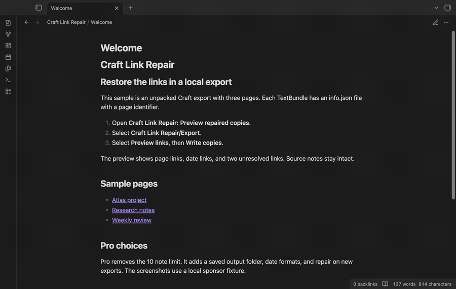 Preview local page and date links, write copies, then open the repair report