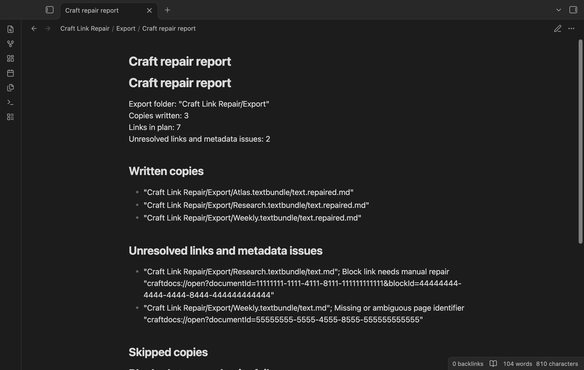 The report lists a missing page identifier and a block link for manual repair