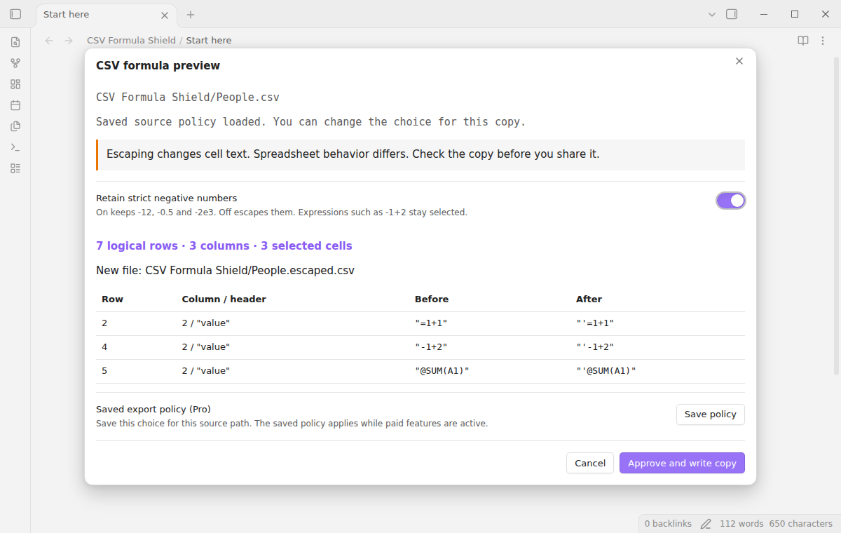 Saved source policy applied to a CSV preview