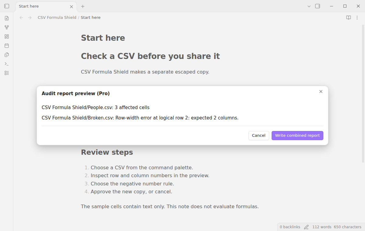 Combined audit summary for chosen CSV files
