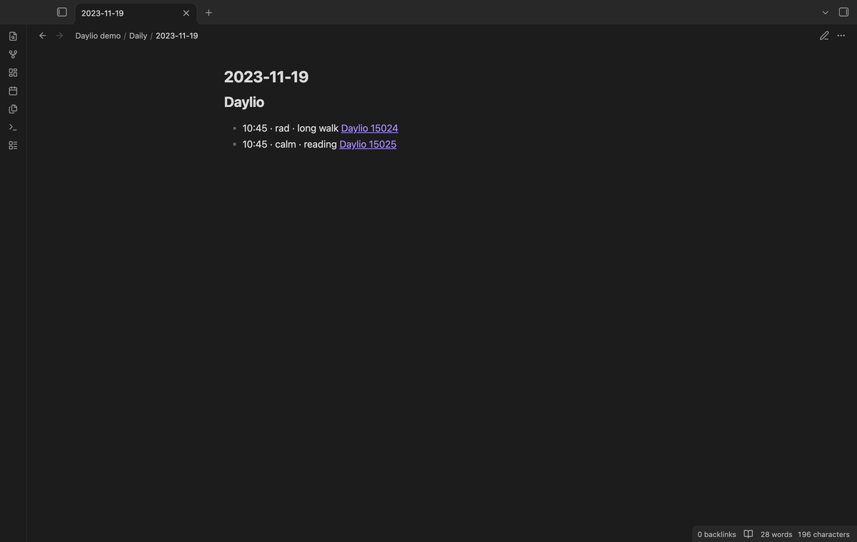 A daily note with a Daylio section that links two entries