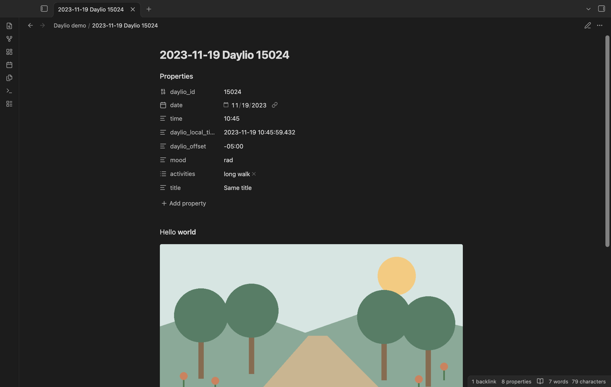 An imported note with mood, activities and local time properties
