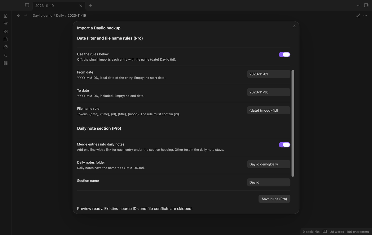 Date filter, file name rule and daily note options in the import window