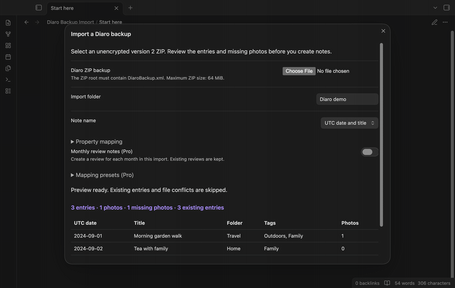 Preview a Diaro backup, import its entries, and read a note with a local image