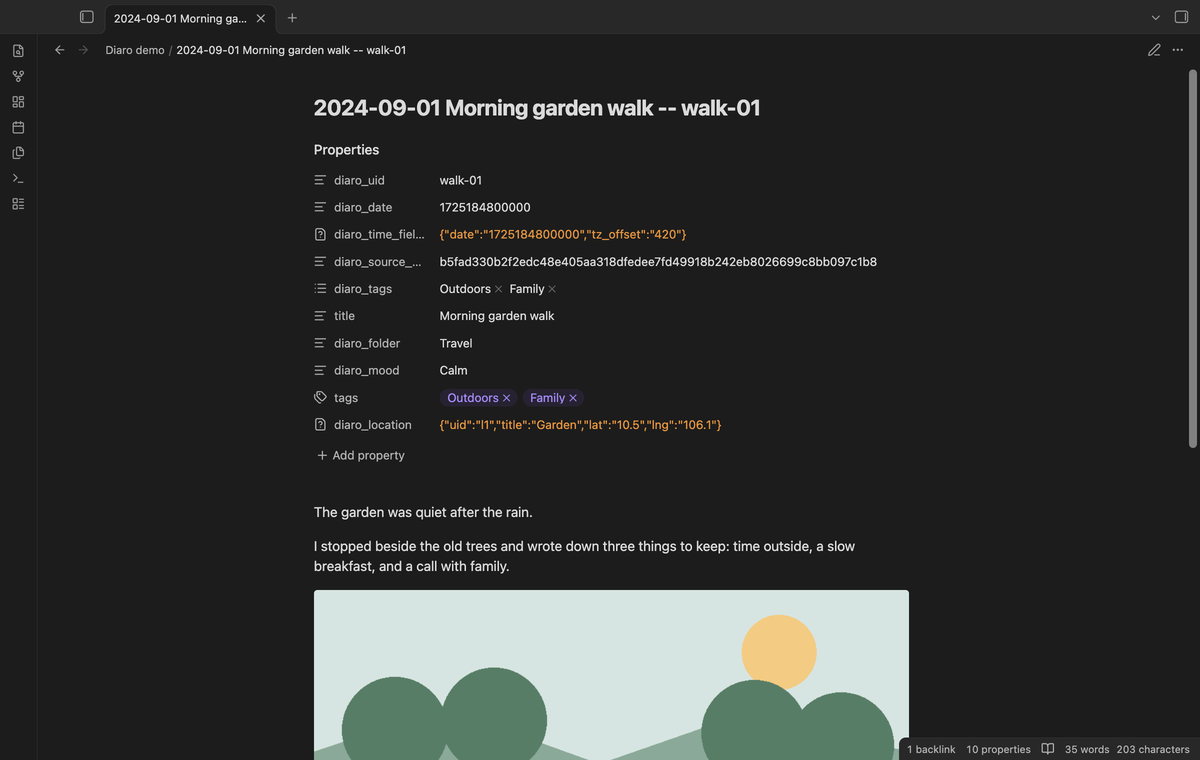 An imported note with source properties, tags and journal text