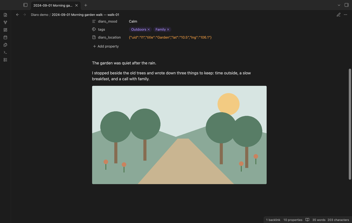 Journal text followed by a garden image copied from the backup