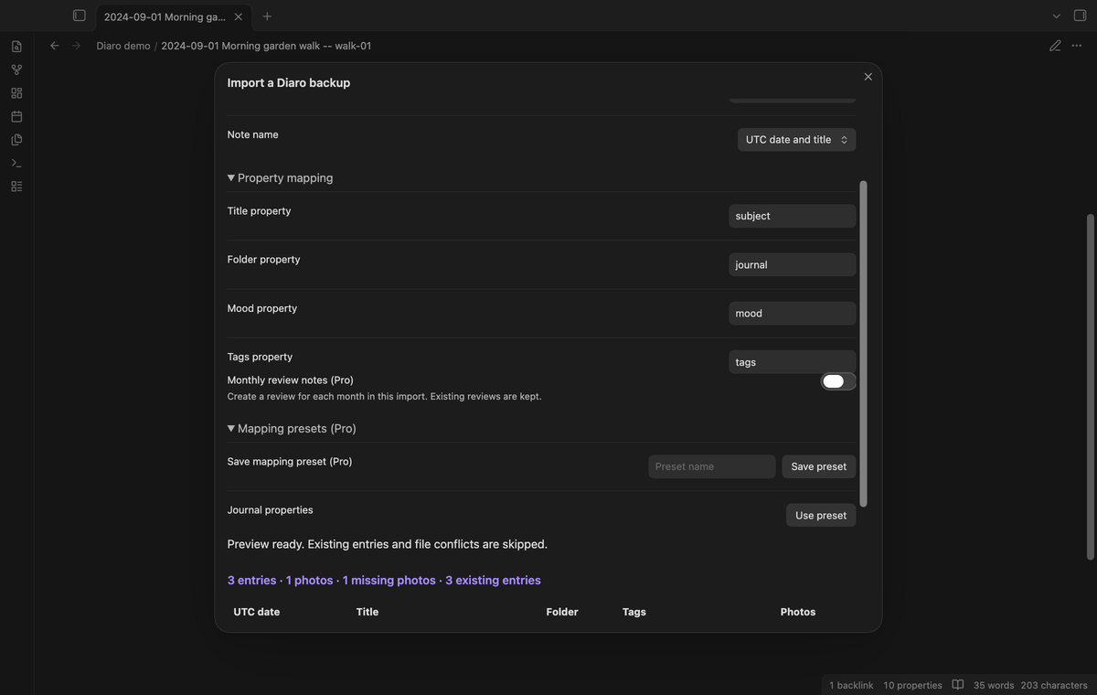 Property mapping fields and a saved journal mapping preset