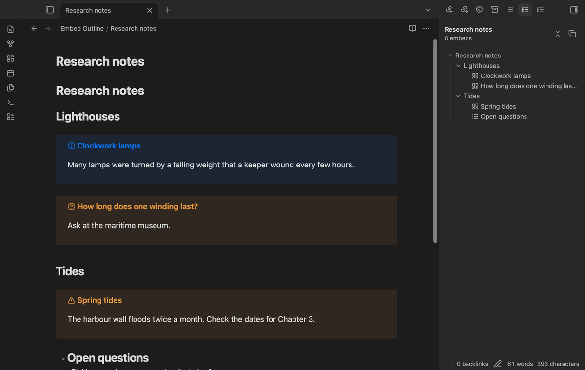 A research note with info, question and warning callouts listed as rows under their headings, and a heading written inside a list item