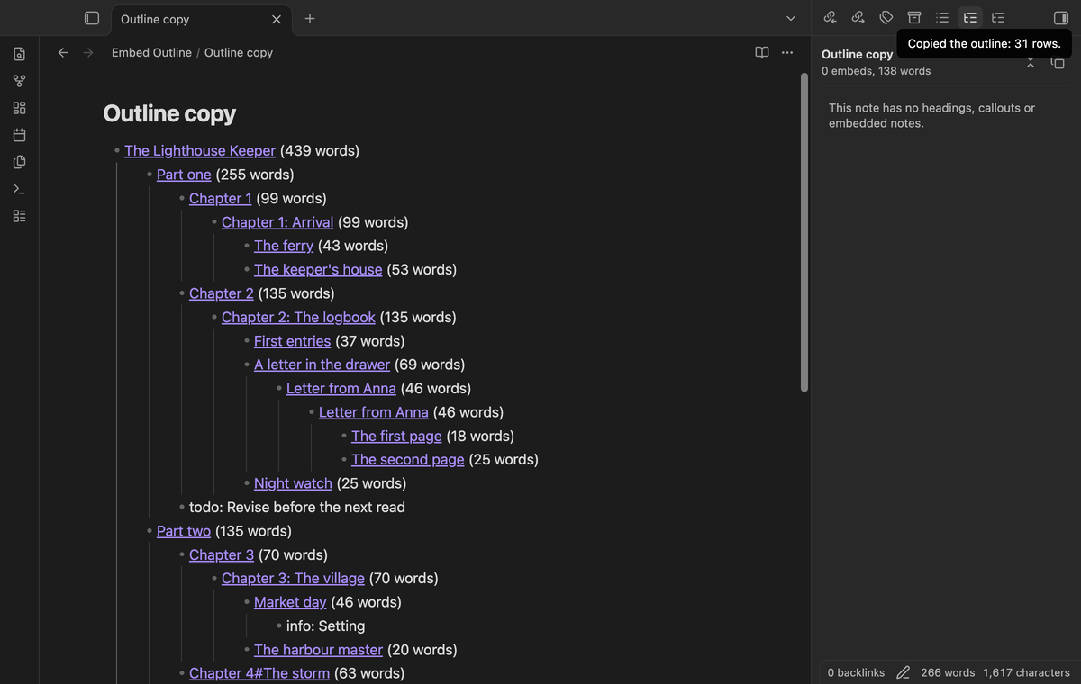 A new note with the outline pasted as a nested list of links to each heading, with word counts