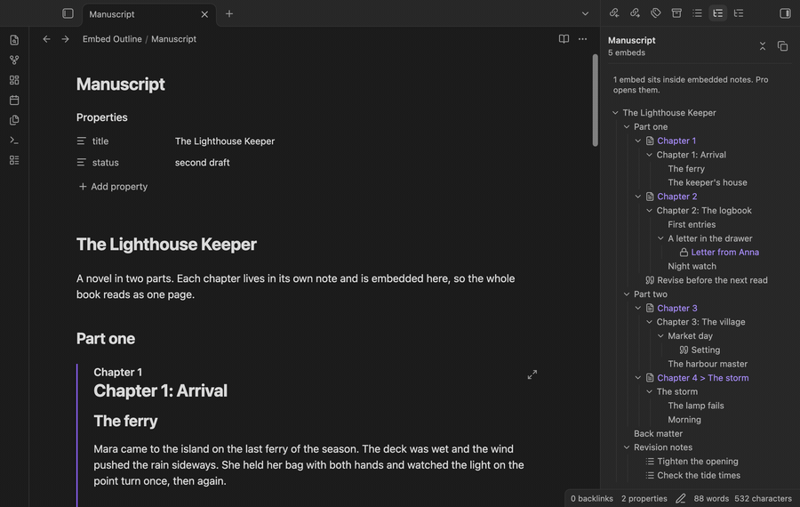 The outline of a manuscript note with its embedded chapters, a click into a chapter, then word counts with Pro