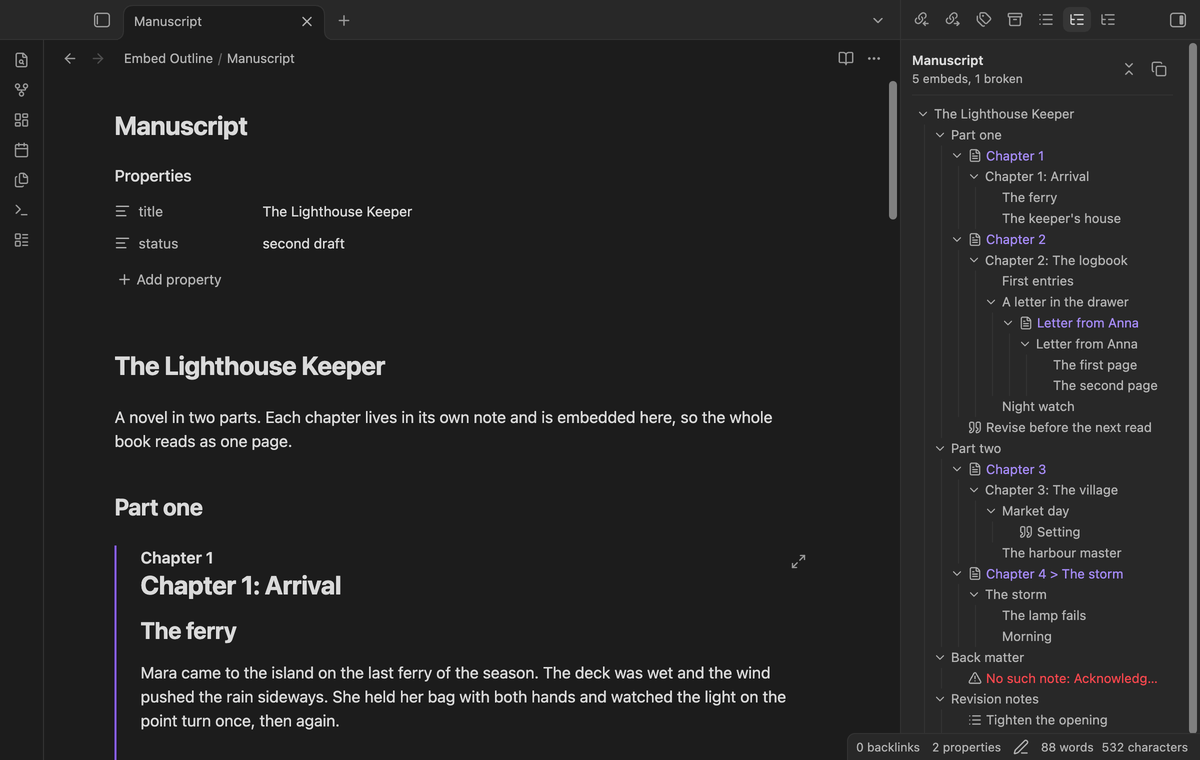 The outline with the letter that Chapter 2 embeds open one level deeper, with its two headings