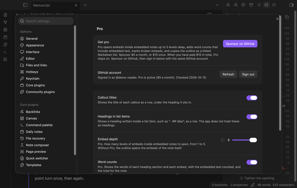 Settings with the Pro section, the two outline switches, the embed depth slider and the two Pro switches