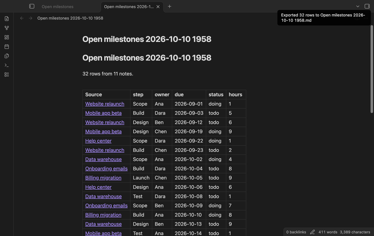 A new note that holds the exported Markdown table with source links