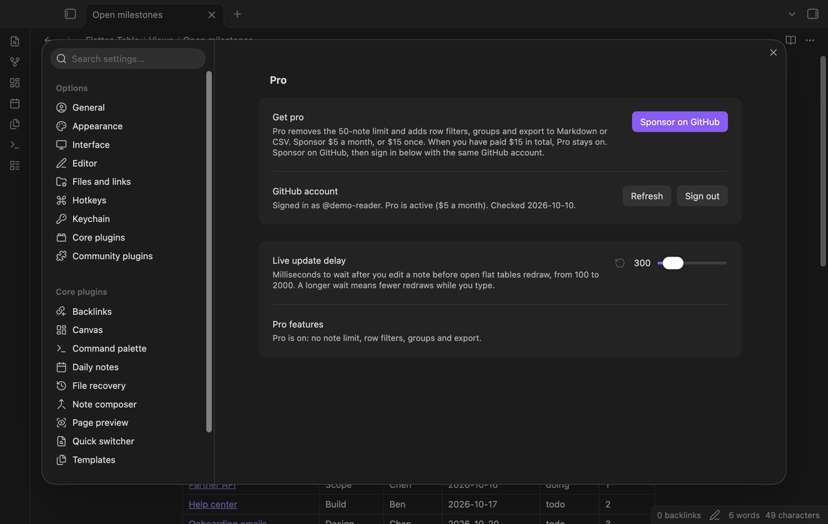The settings tab with the Pro section after sign in