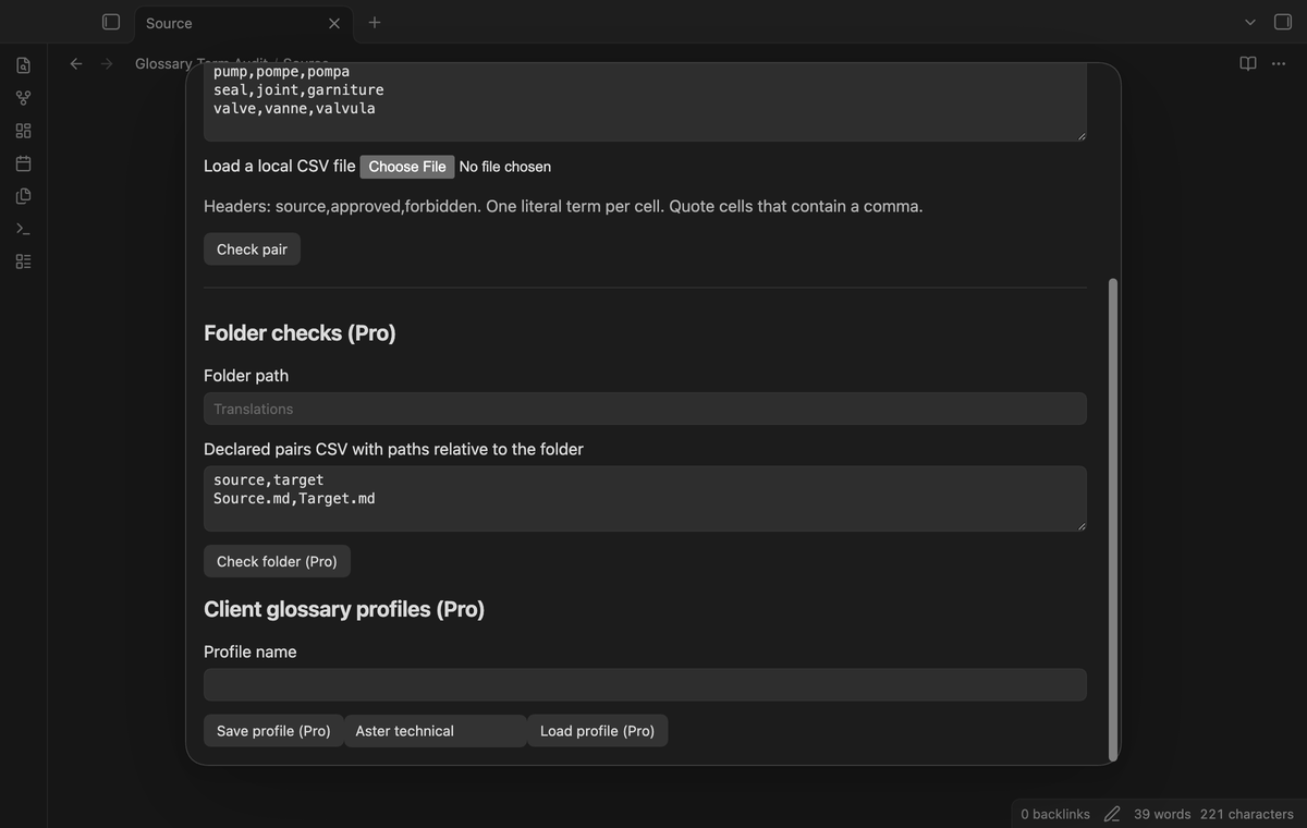 A saved client glossary profile ready to load