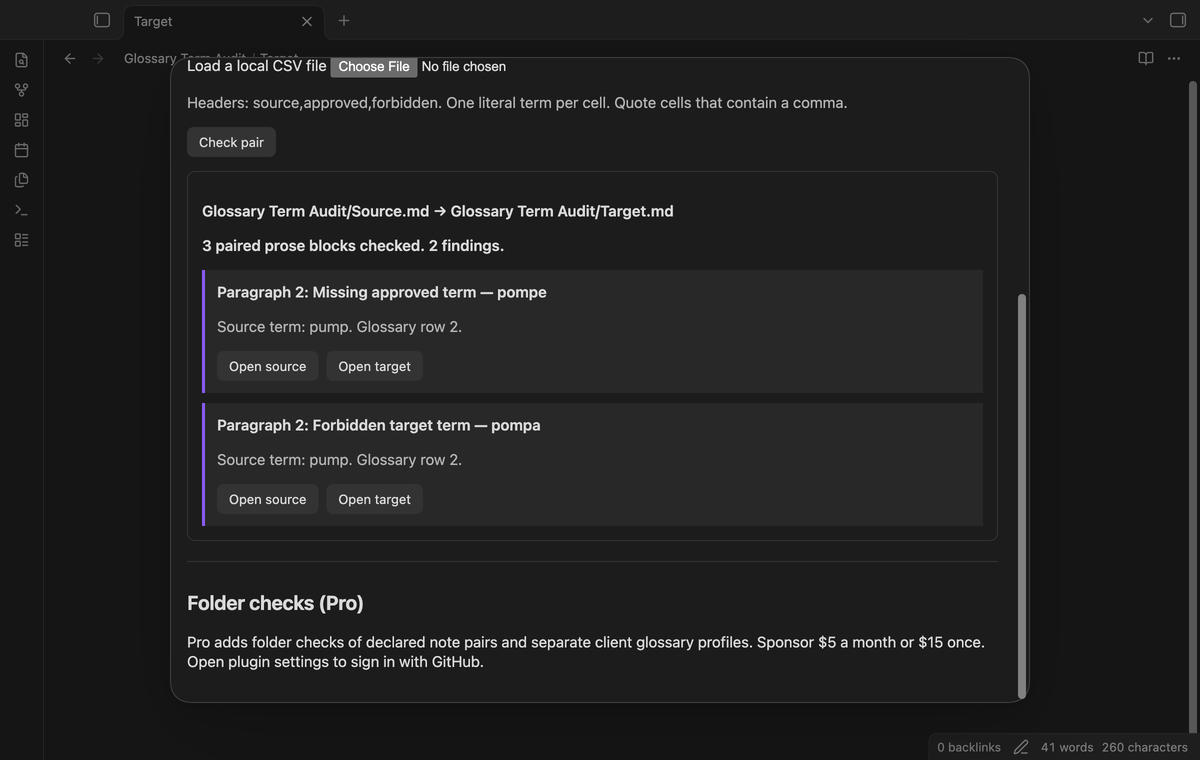 Missing approved and forbidden target terms in a paragraph report