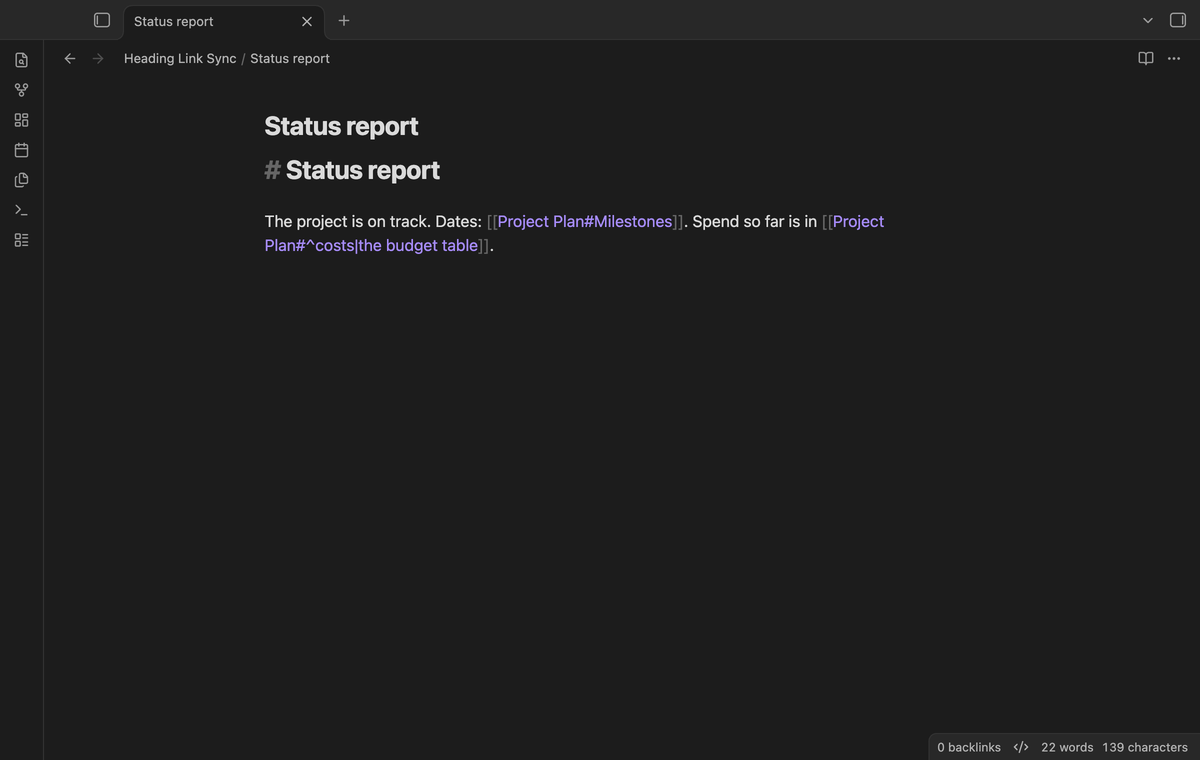 A status report where the link to a block now uses the new block ID costs