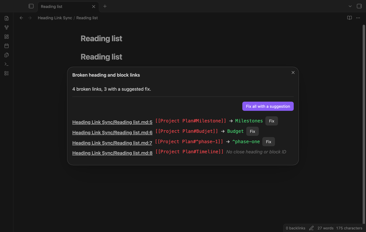 A report of broken heading and block links, each with the closest heading and a Fix button