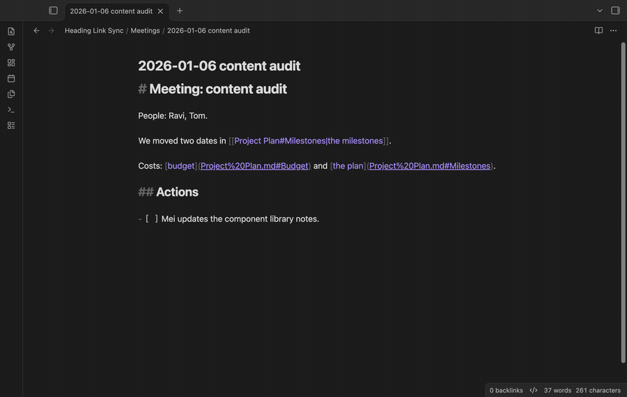 Typing a new heading text, then a meeting note that shows the updated link