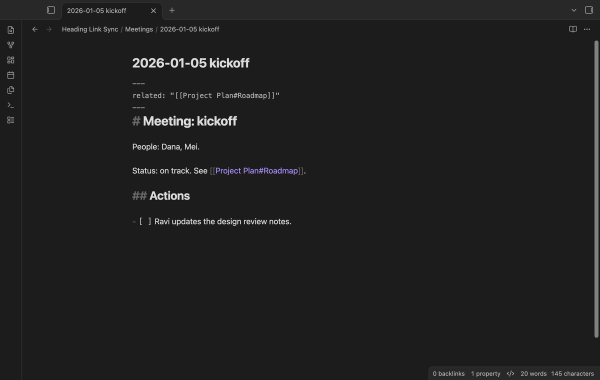 A meeting note where an alias link, an embed and a property link now point to the new heading