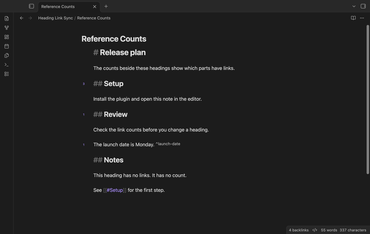 A note with link counts beside its headings and block IDs