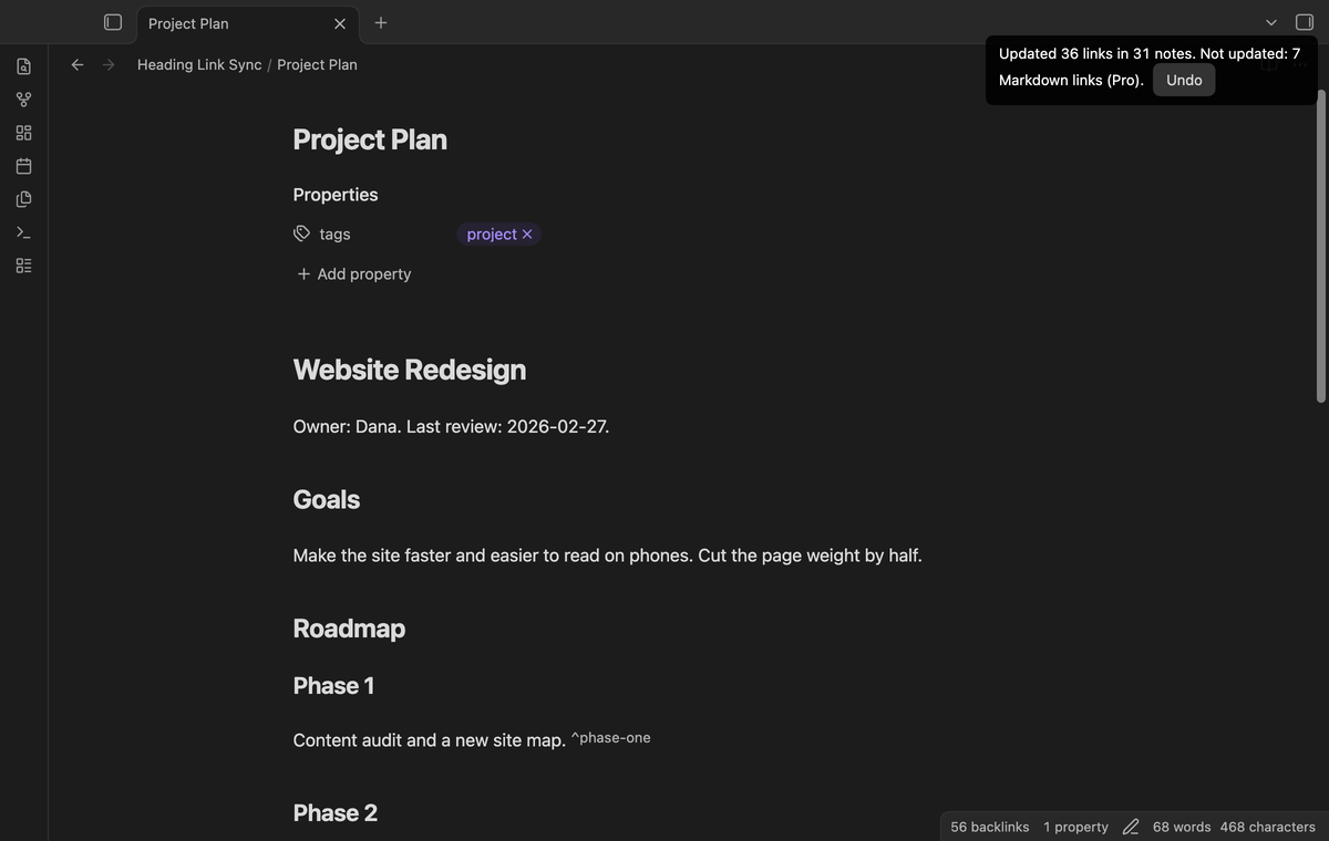 The plan note after a heading edit, with the notice Updated 36 links in 31 notes and an Undo button